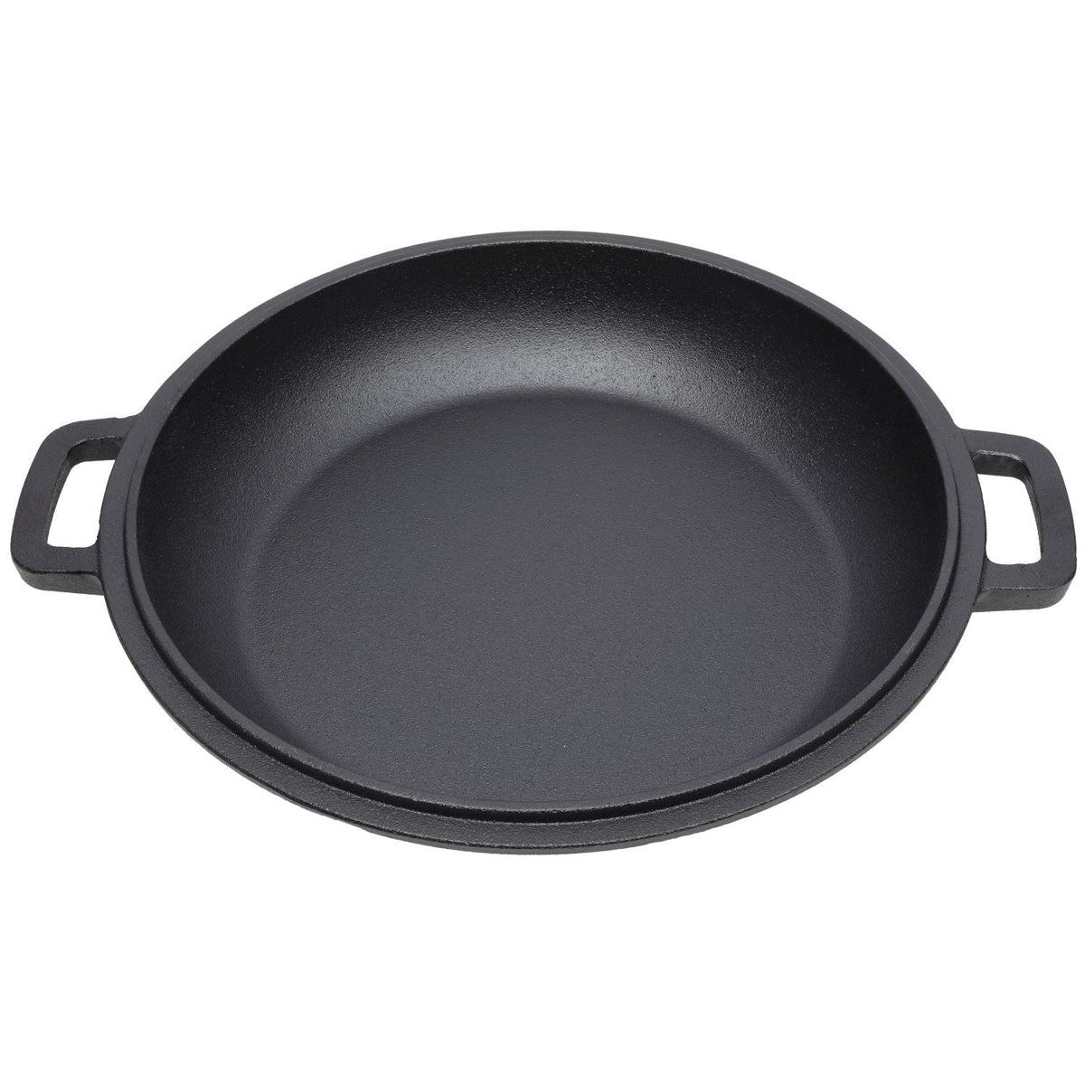 Black cast iron Dutch oven rim and interior surface with dual side handles