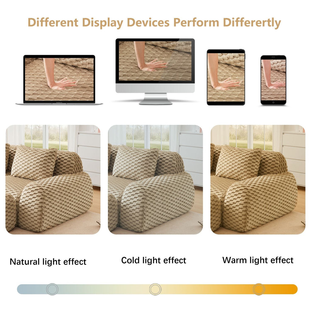 Camel textured sectional sofa shown in different lighting color display scenes