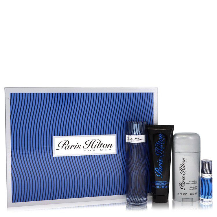 Paris Hilton men's gift set with EDT spray, body wash, deodorant stick and mini