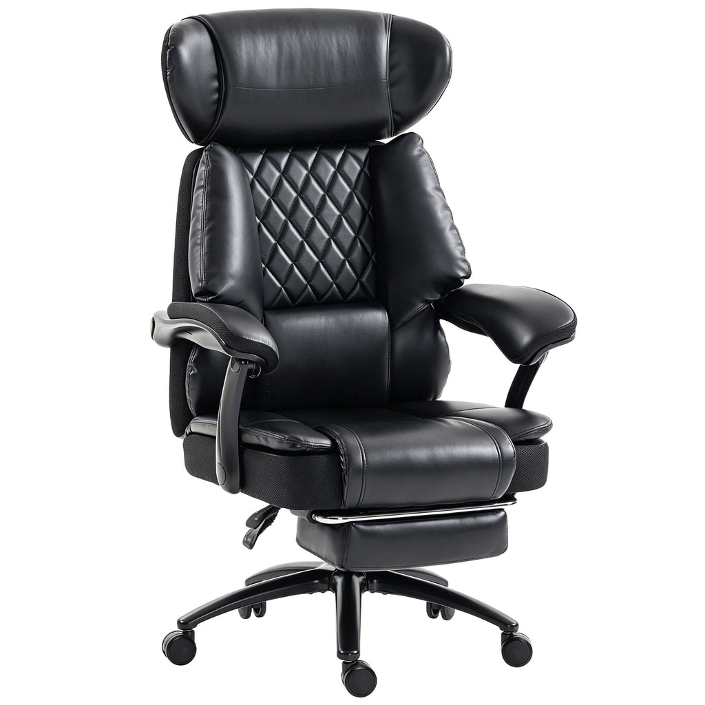 Black office chair with headrest, quilted back, lumbar support, wide arms, rolling base