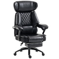Black office chair with headrest, quilted back, lumbar support, wide arms, rolling base