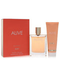 Boss Alive perfume gift set: red box, clear bottle with gold cap, peach lotion tube