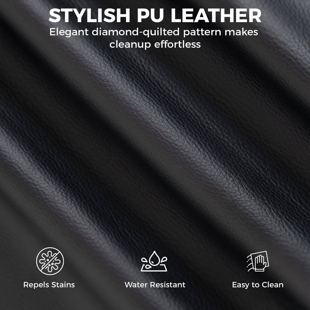 Close-up of black PU leather upholstery with textured diamond-quilt pattern