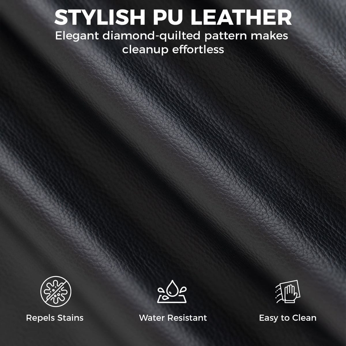Close-up of black PU leather upholstery with textured diamond-quilt pattern