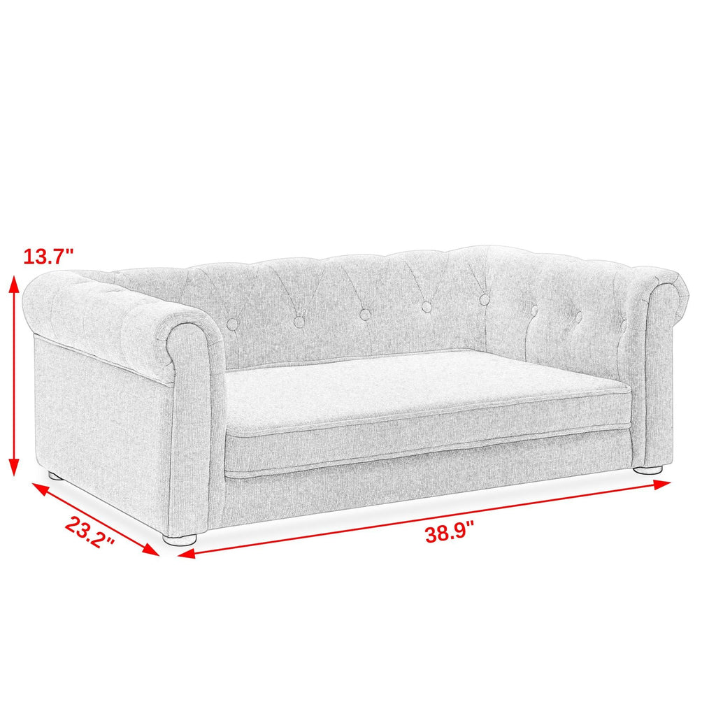 Beige dog sofa bed with size dimensions shown in red lines on white background