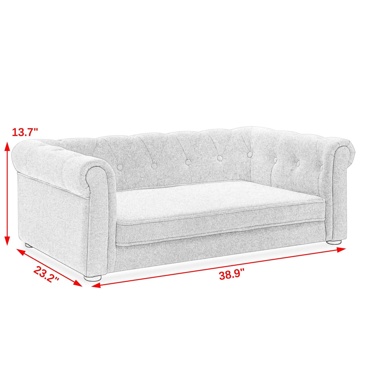 Beige dog sofa bed with size dimensions shown in red lines on white background
