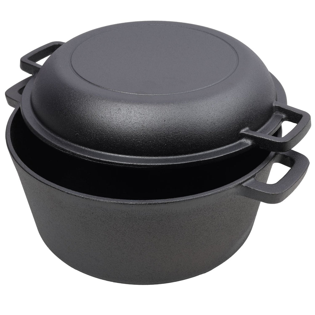 Black cast iron Dutch oven with lid and dual loop handles