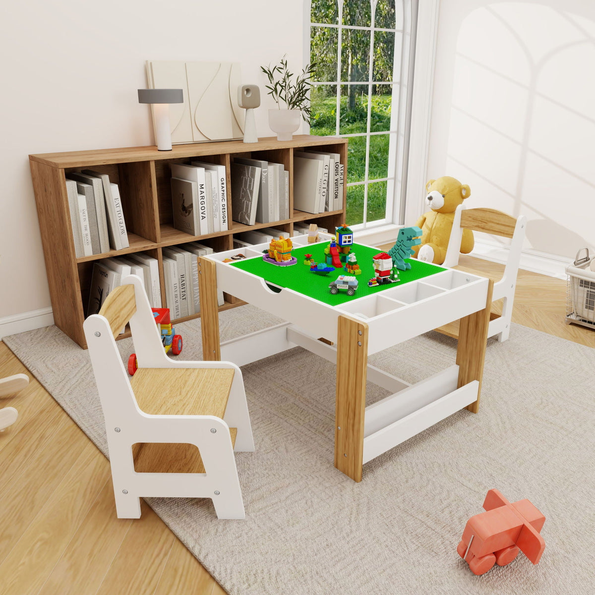 2-in-1 play table and chair set with storage, white table and two light wood chairs