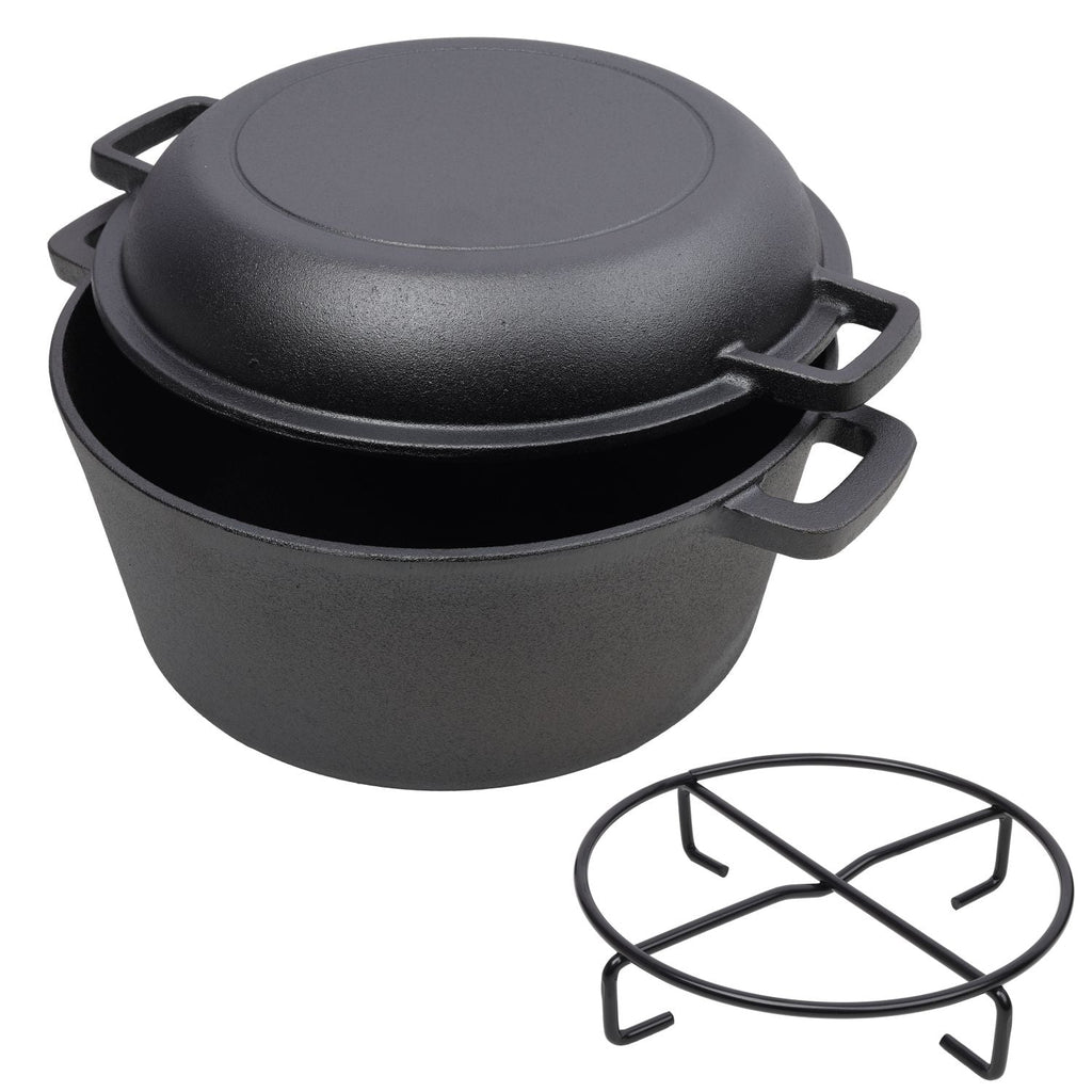Black cast iron Dutch oven with matching lid, dual side handles, and wire pot stand