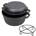 Black cast iron Dutch oven with matching lid, dual side handles, and wire pot stand
