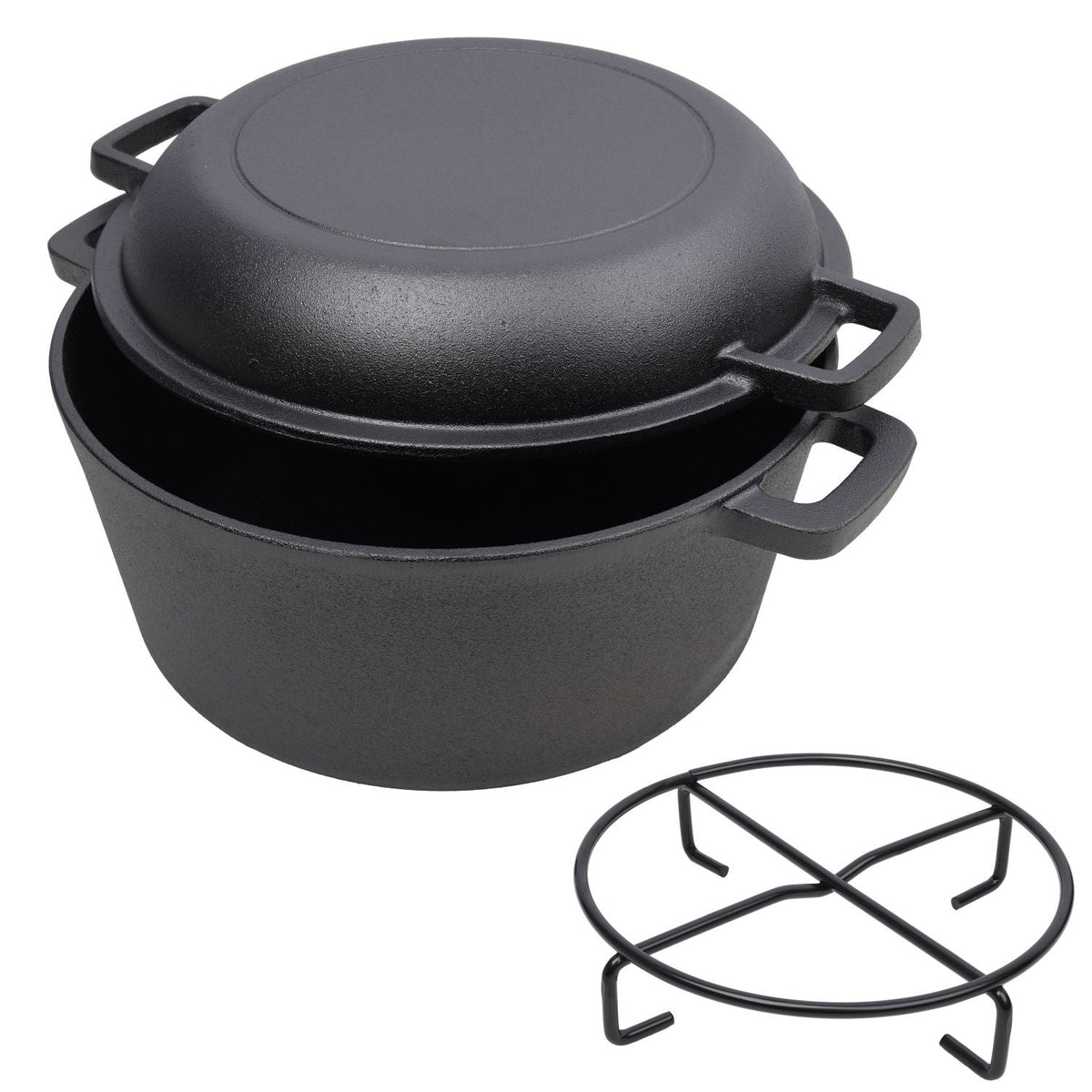 Black cast iron Dutch oven with matching lid, dual side handles, and wire pot stand