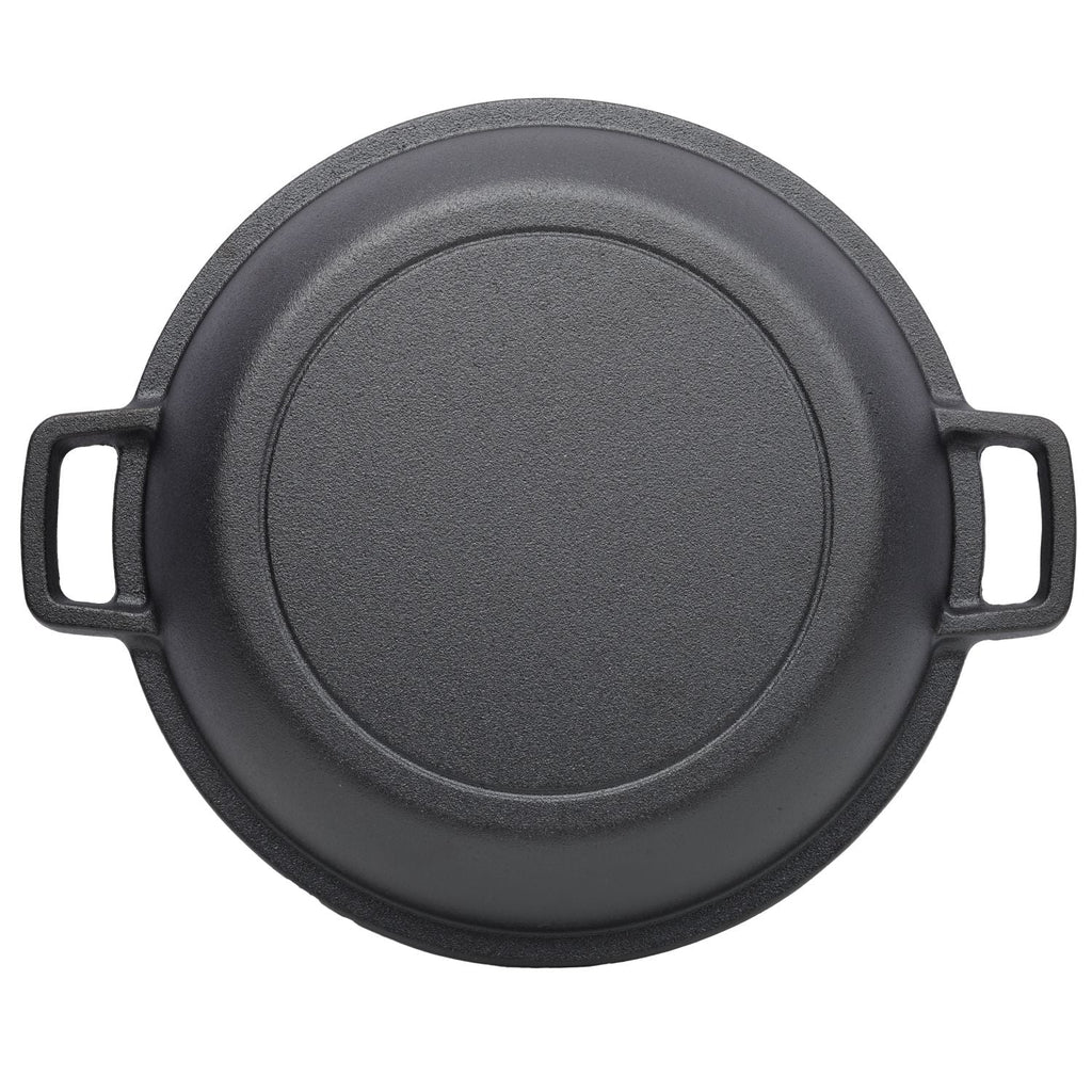 Black cast iron Dutch oven lid with recessed center and dual loop handles