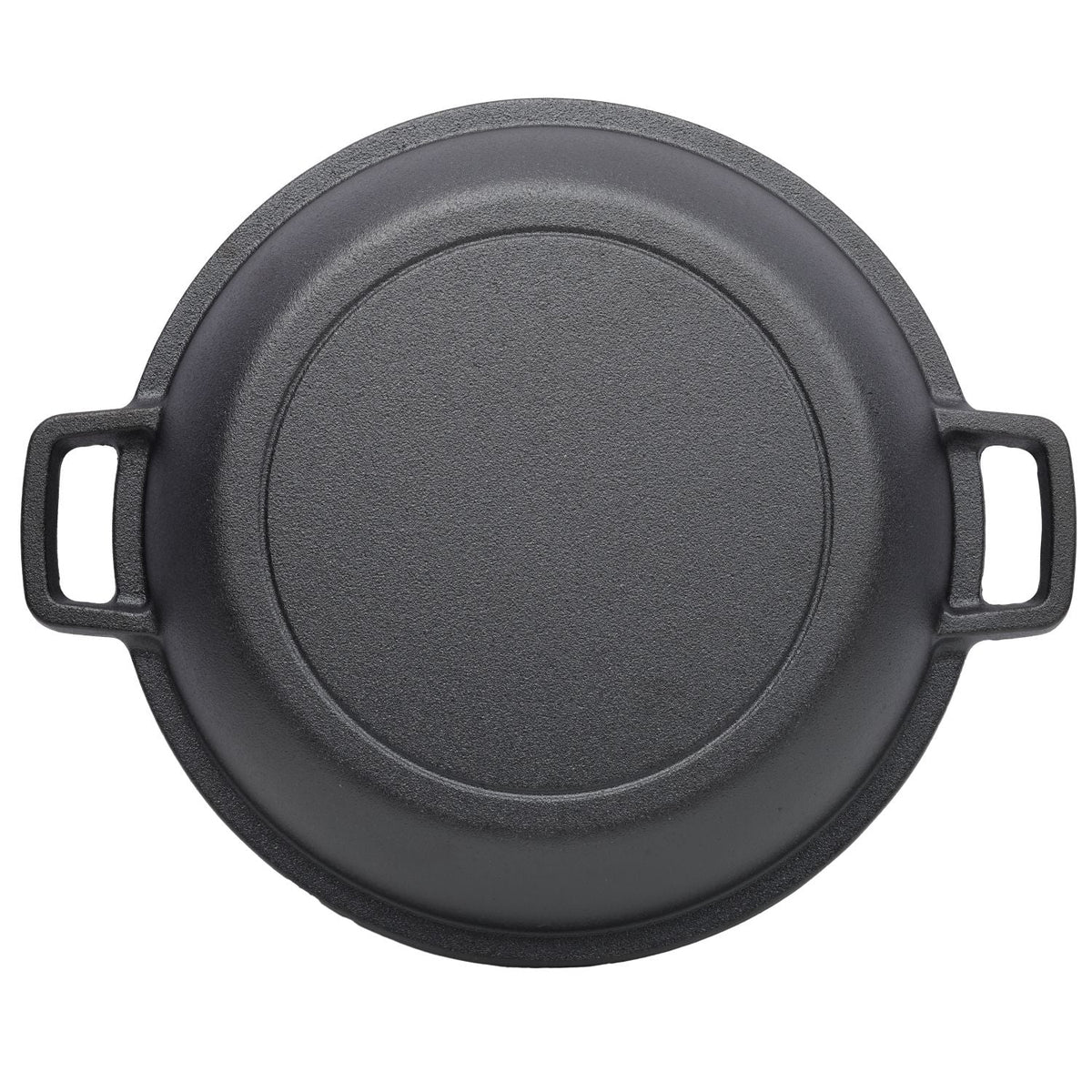 Black cast iron Dutch oven lid with recessed center and dual loop handles