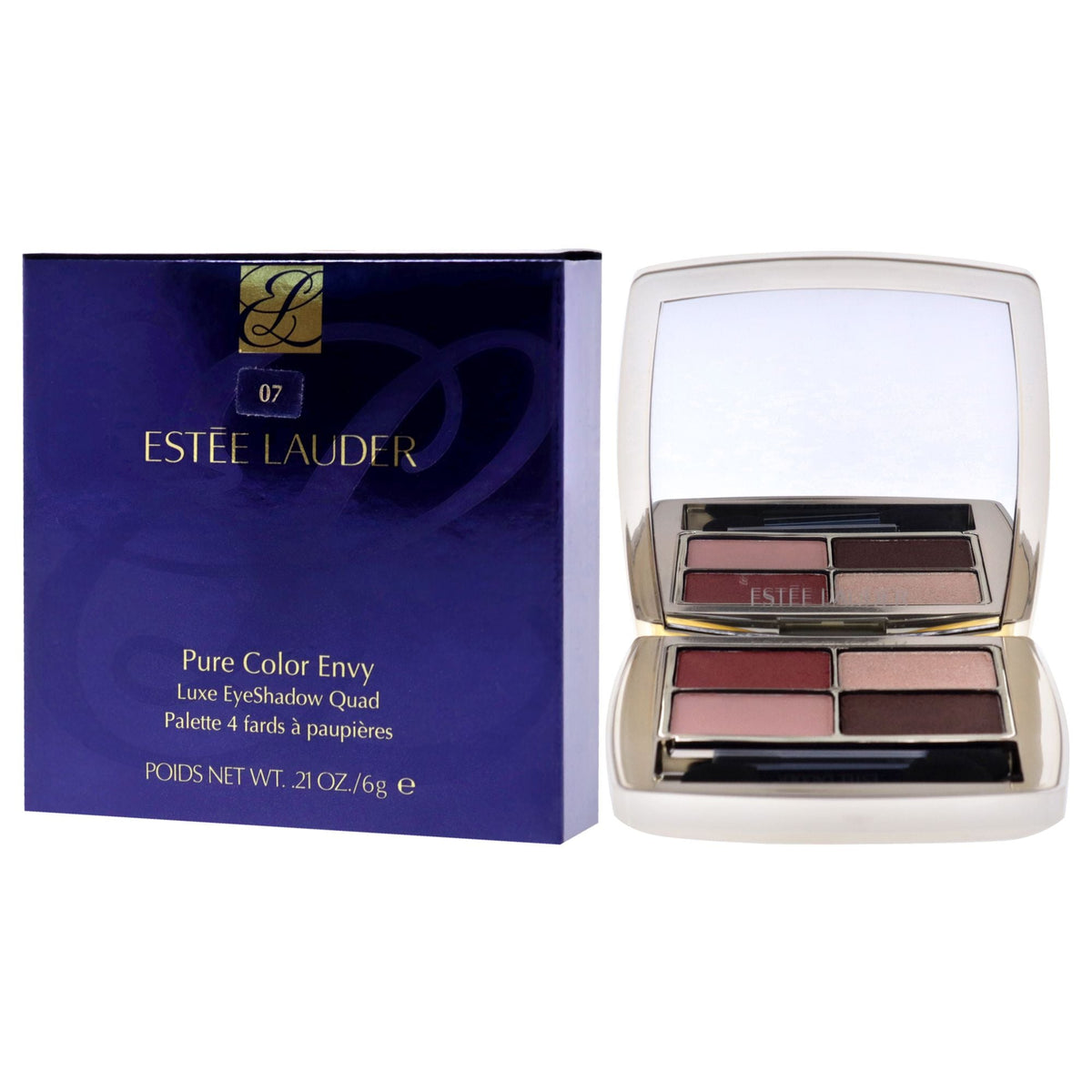 Eyeshadow quad set with matching box and open compact, four rose-brown shades
