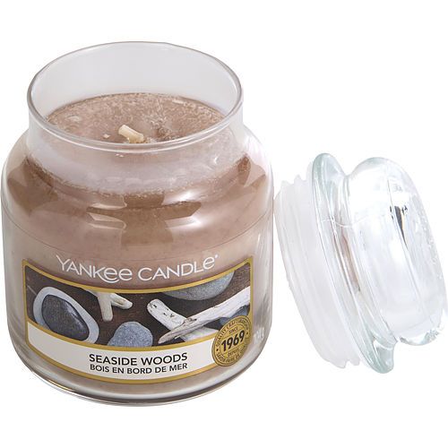 YANKEE CANDLE small scented jar candle, clear lid off, woodsy seaside label