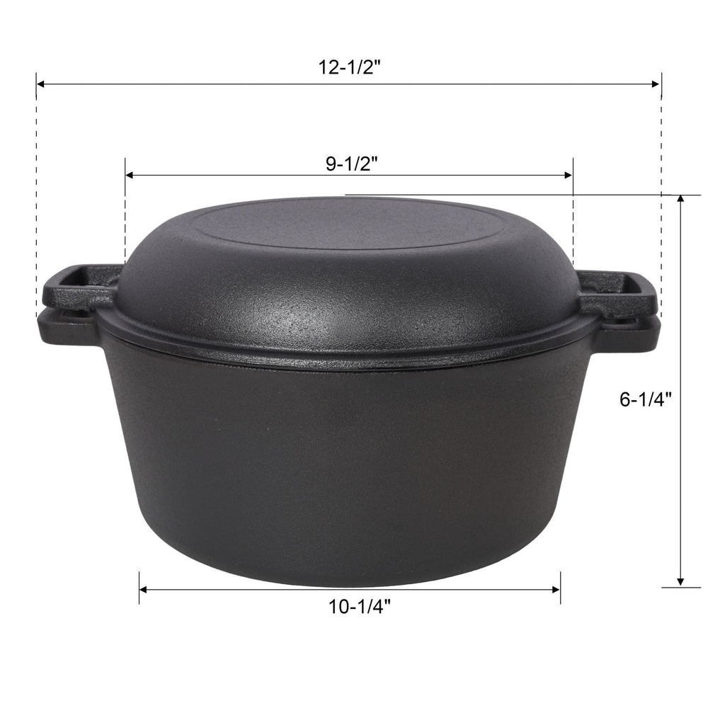 Pre-seasoned cast iron dutch oven with lid and dual side handles, dark finish