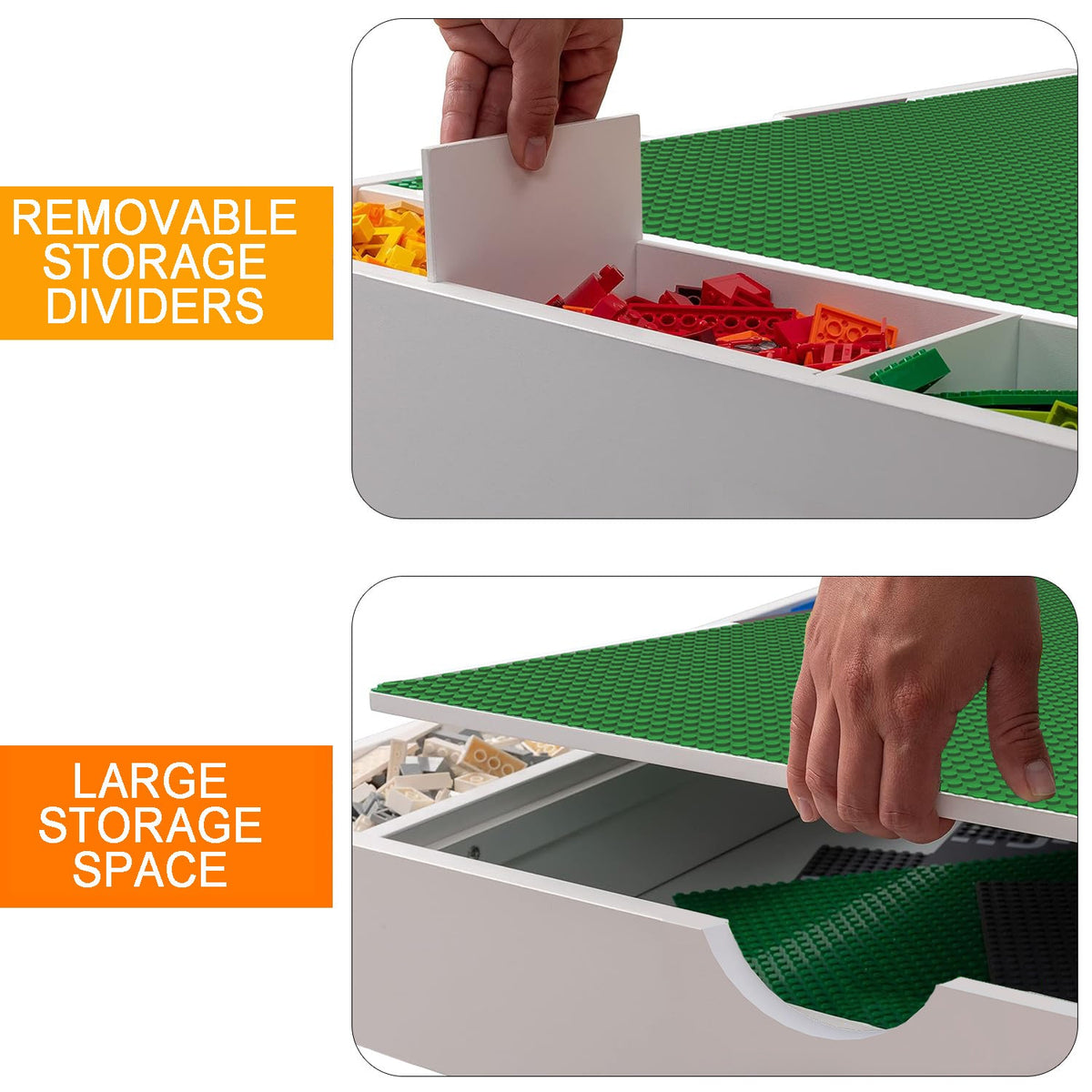 2-in-1 play table set diagram showing removable storage dividers and large bin space