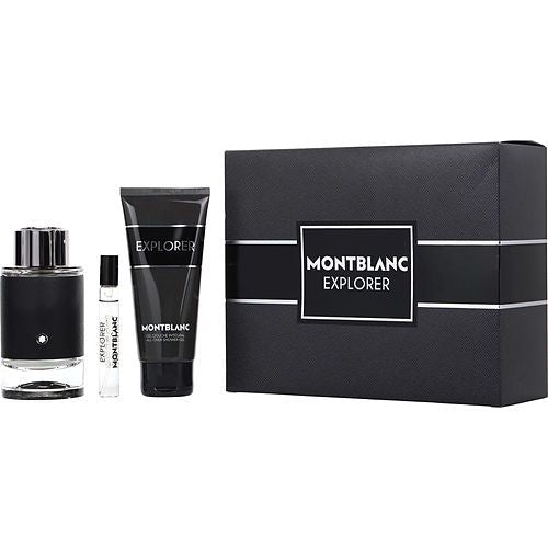 MONTBLANC Explorer gift set with perfume spray, mini spray, shower gel, and box