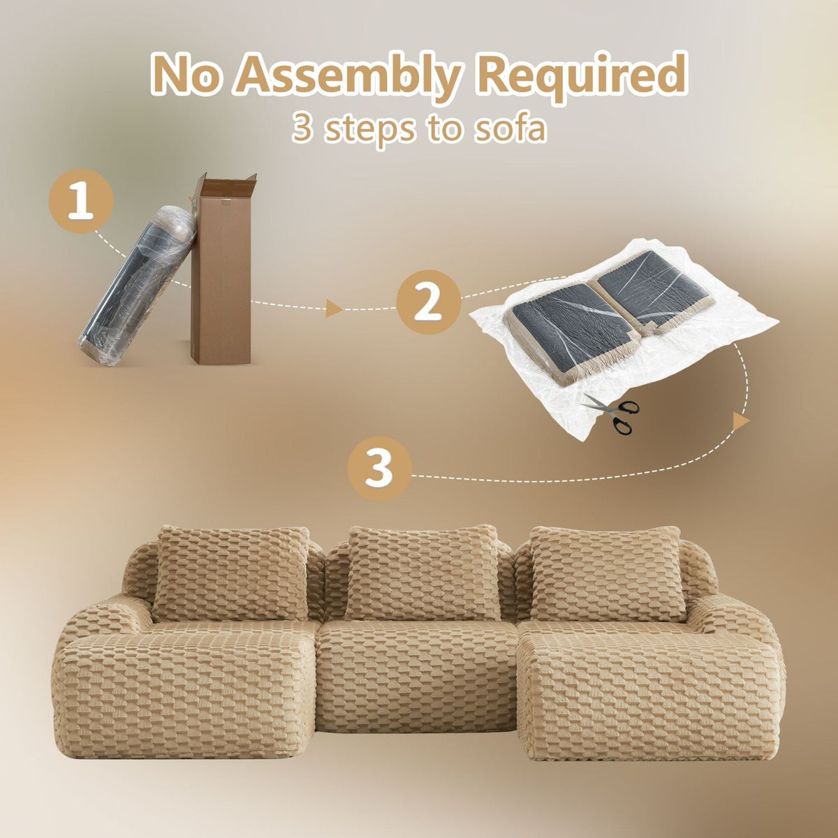 Camel modular sectional sofa with no-assembly setup steps and three connected pieces