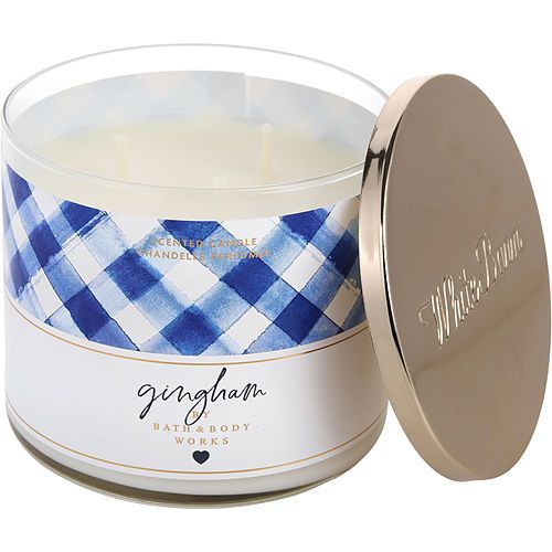 Gingham scented candle in blue and white, clear wax jar with gold lid open