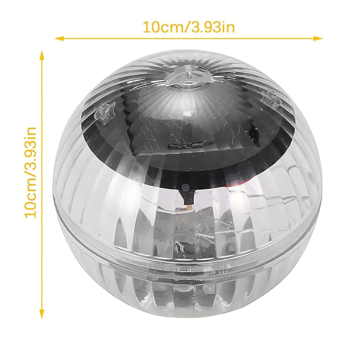 Silver solar LED floating dome lamp with clear top lens, close-up