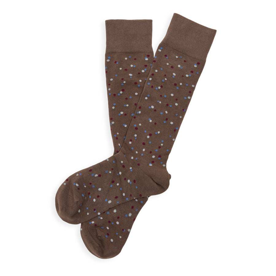 Dark brown dress socks with multicolor speckled pattern, crew cut