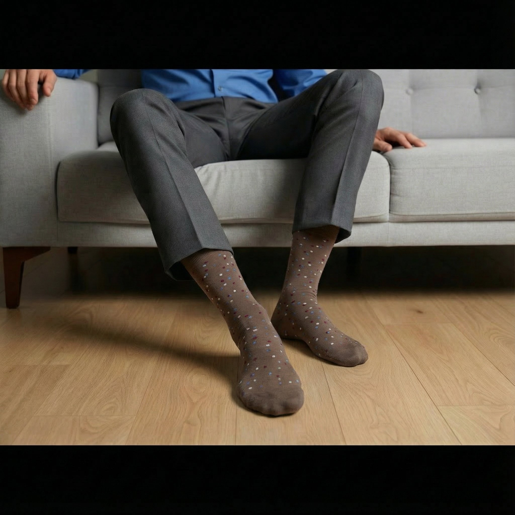 Dark brown speckled dress socks worn with gray pants