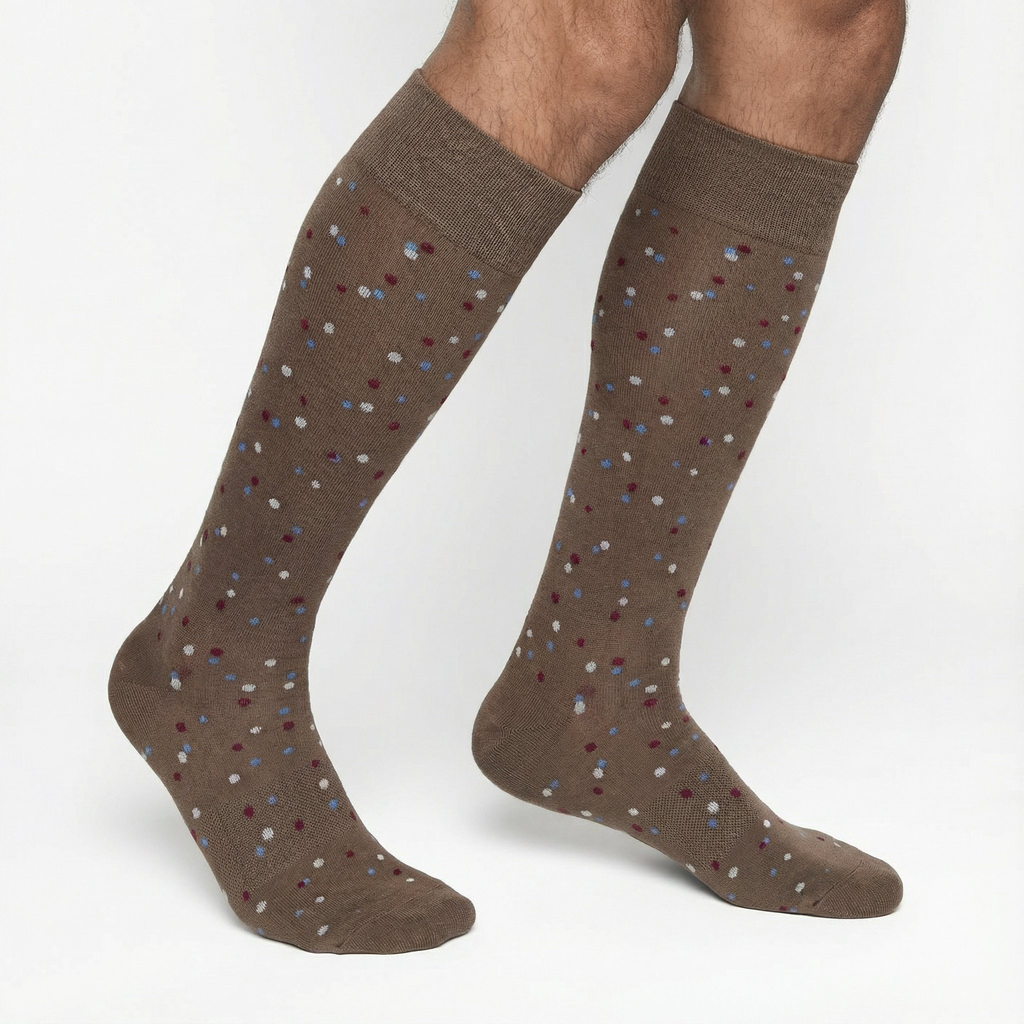 Pair of dark brown crew dress socks with multicolor speckled pattern