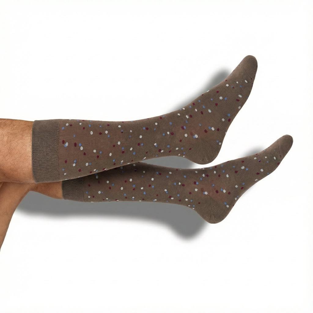 Dark brown dress socks with multicolor speckled pattern, crew length
