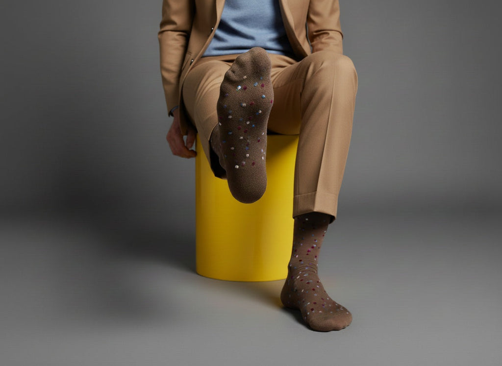 Dark brown speckled dress socks worn with beige pants