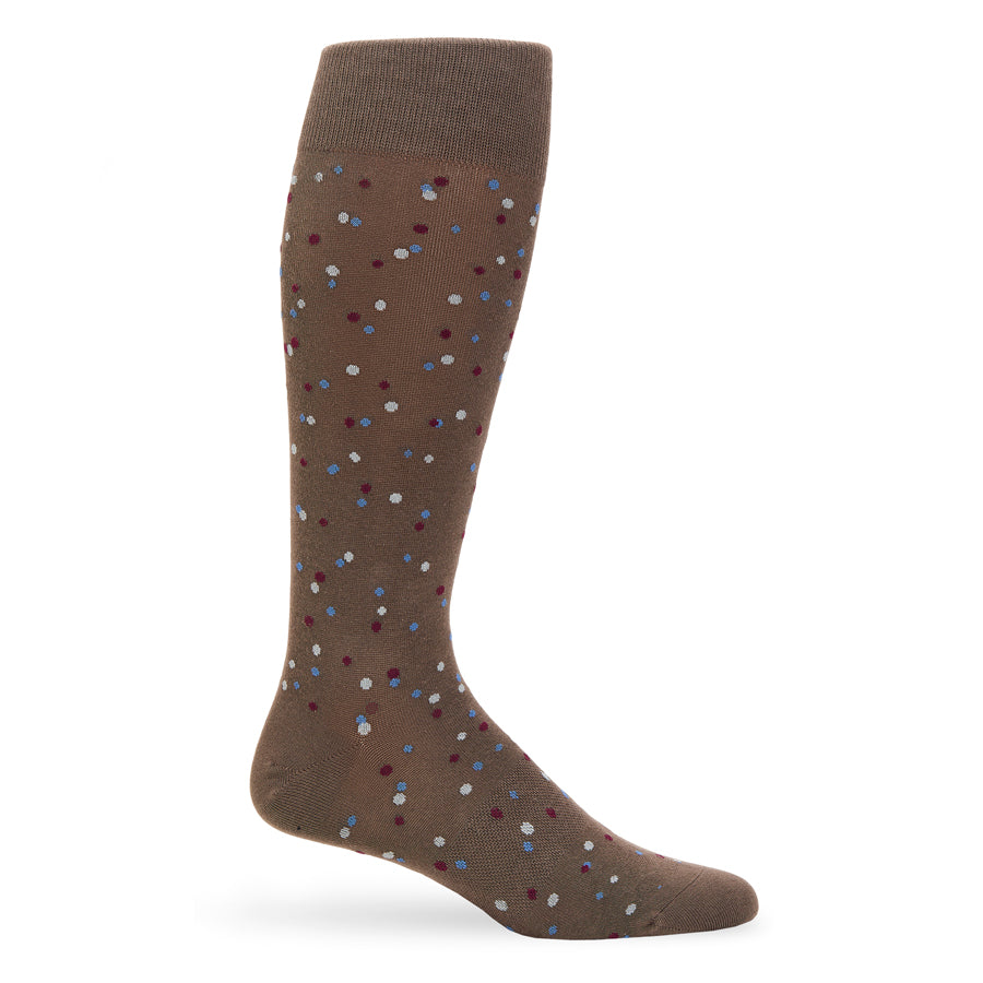 Single dark brown crew dress sock with multicolor speckled pattern