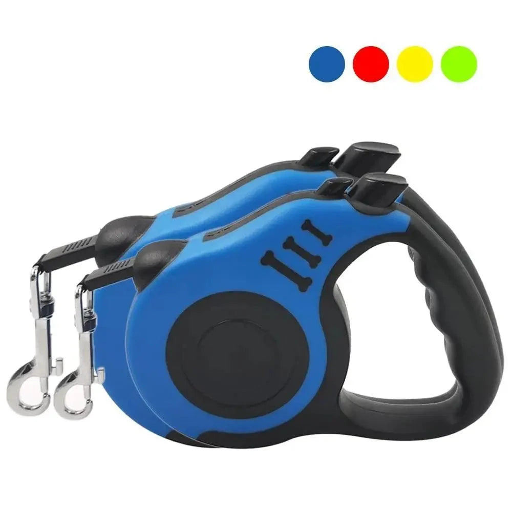 Automatic retractable dog leash with blue housing and black handle grip