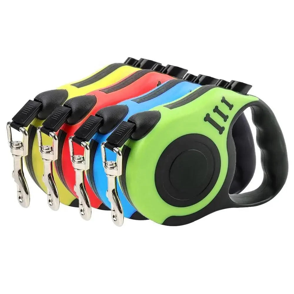 Automatic retractable dog leash set with multiple bright color housings and black grips