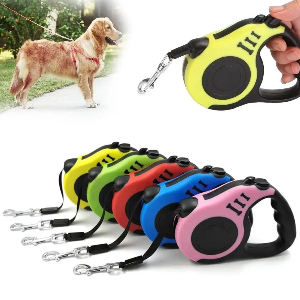 Automatic retractable dog leash with lime green housing and metal clasp