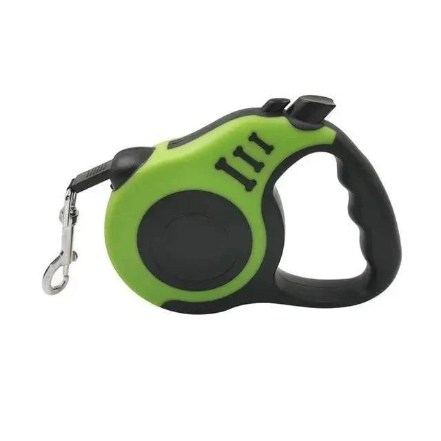 Green retractable dog leash with black grip handle and metal snap hook, front view