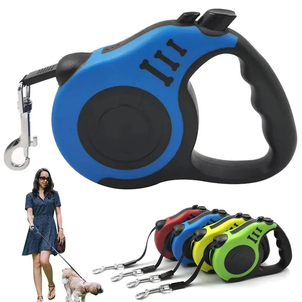 Automatic retractable dog leash with blue housing and black ergonomic handle grip