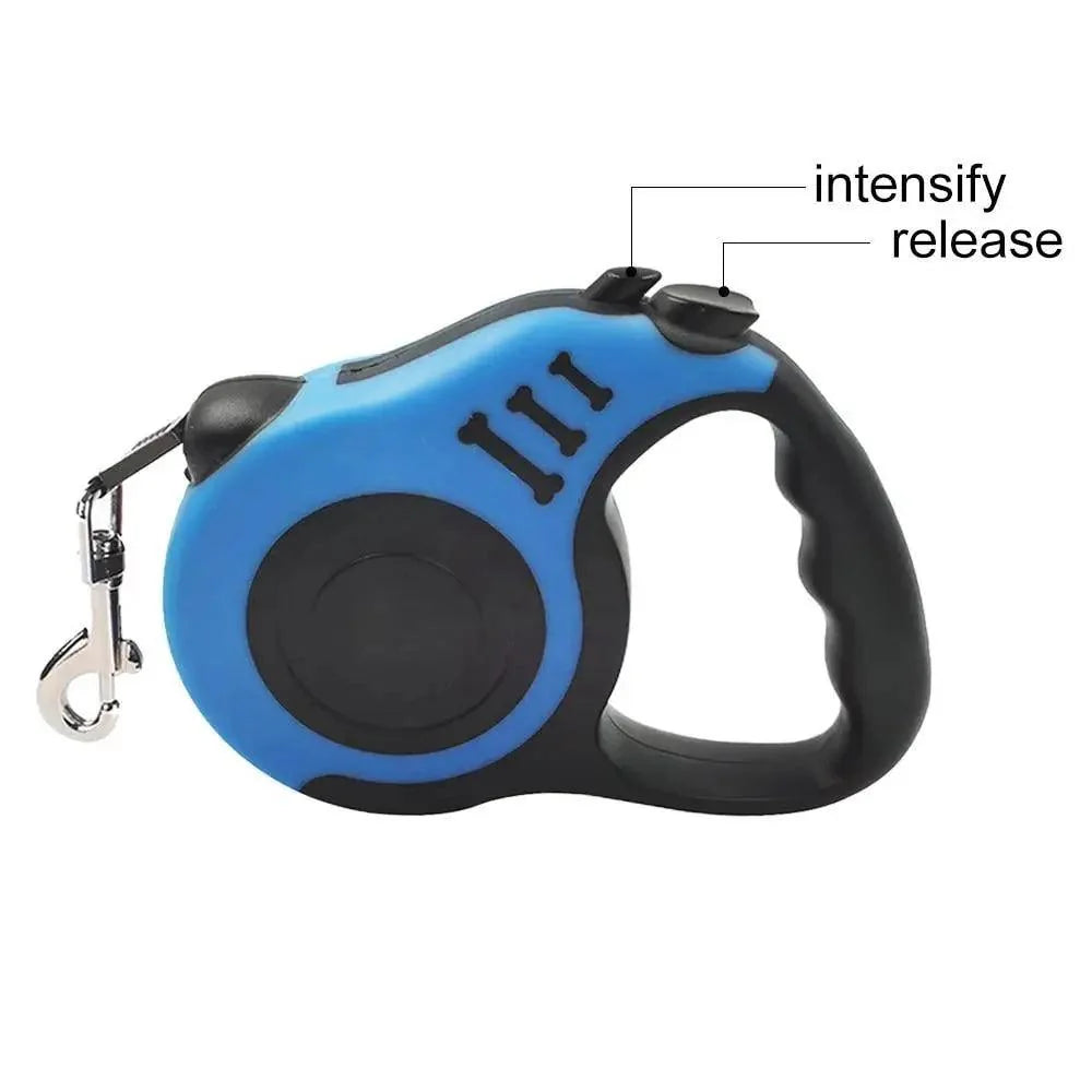 Blue retractable dog leash housing with black grip handle and metal snap hook, front view