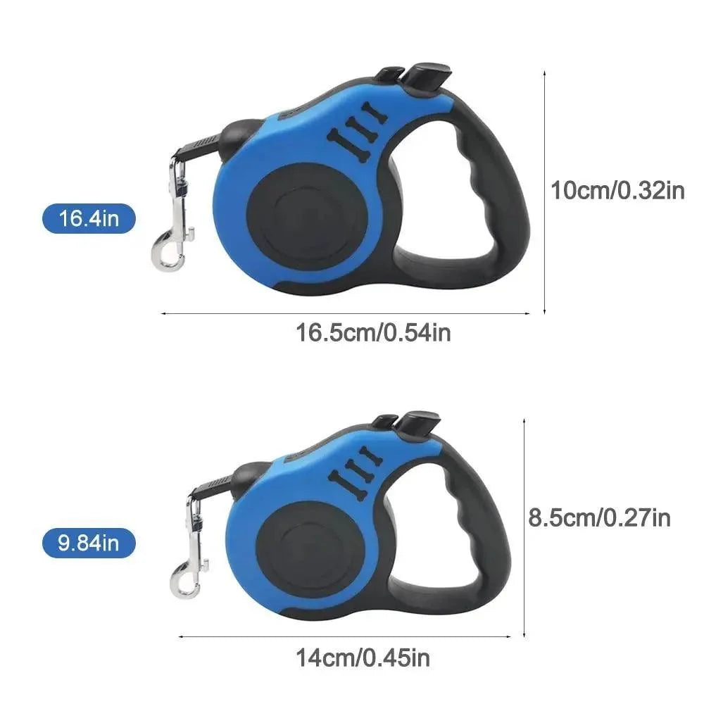 Automatic retractable dog leash with blue housing, shown with size dimensions