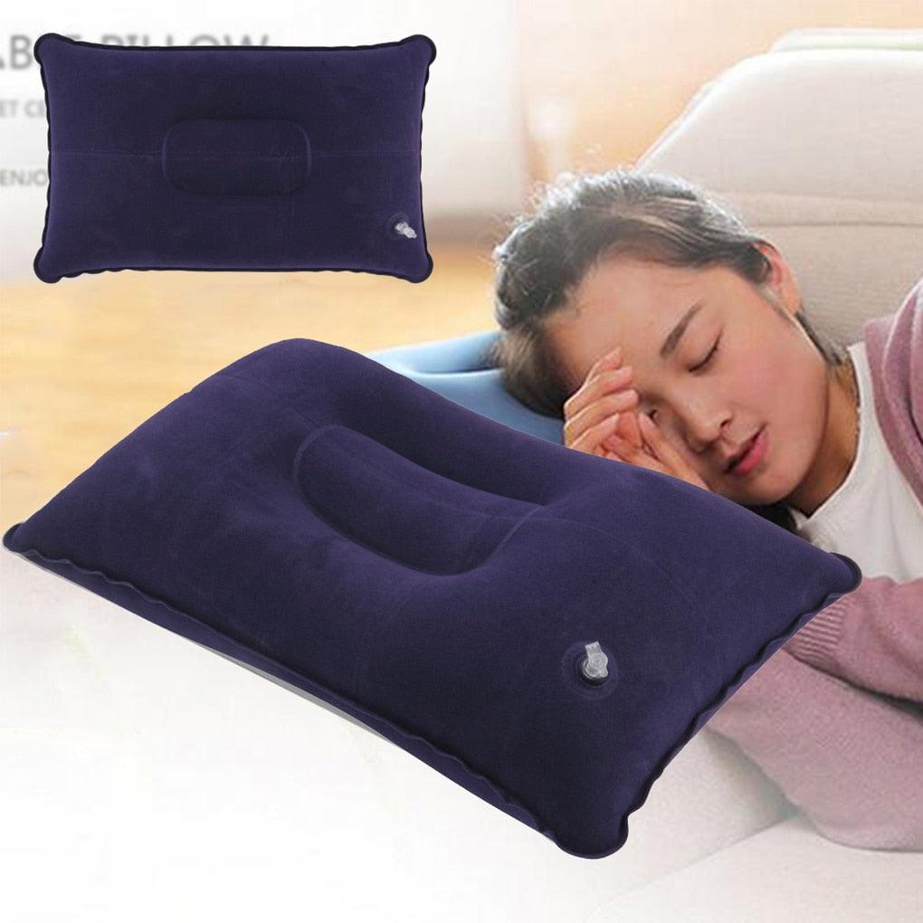 Navy inflatable travel head pillow with built-in air cushion and valve for support