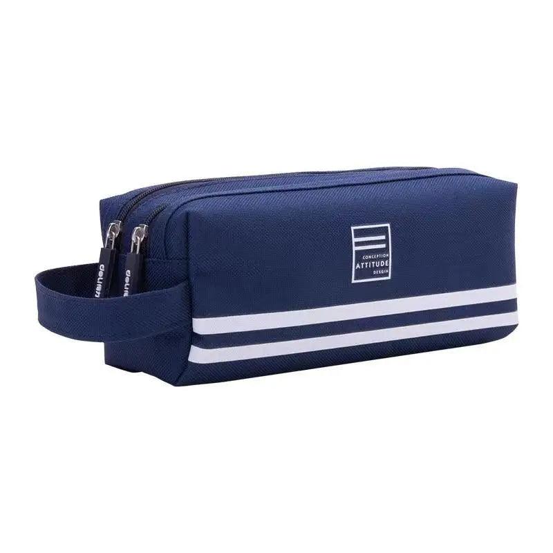 Navy double-layer pencil case with wrist strap, white stripe bands, and zip closure