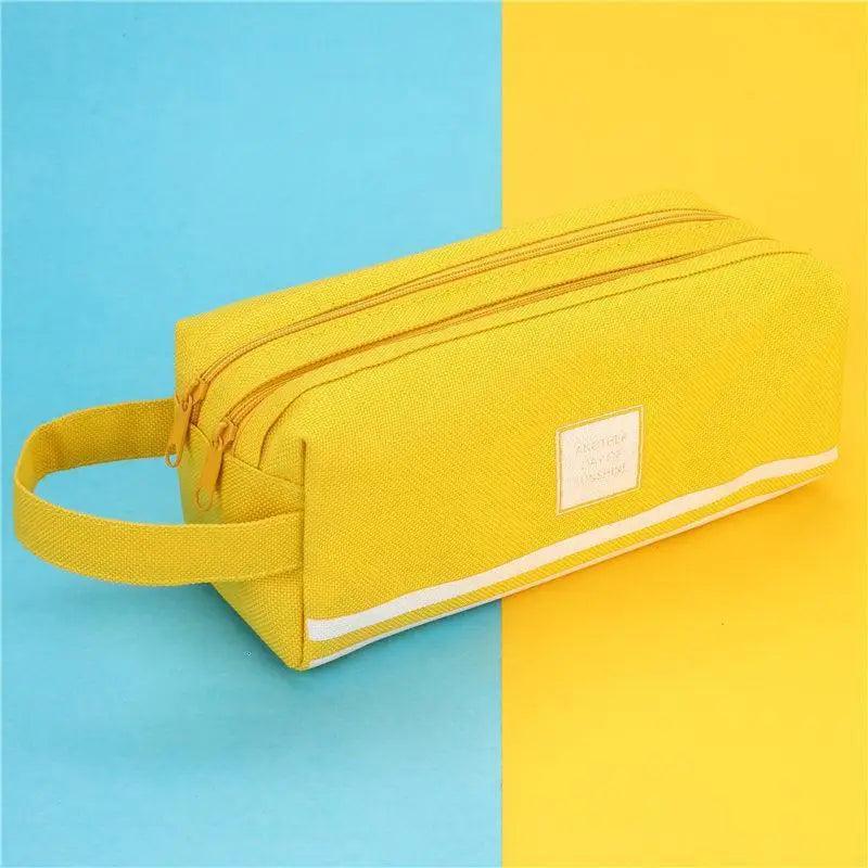 Bright yellow double-layer pencil case with wrist strap, striped bands, and zip closure
