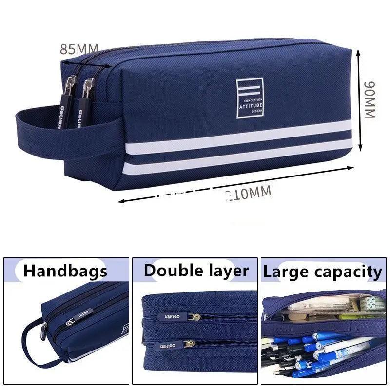 Navy double-layer pencil case with white stripe, zip closure, and wrist strap