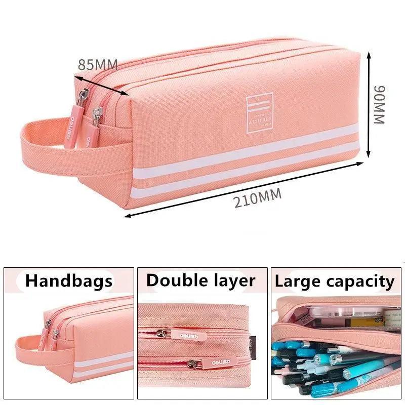 Pink double-layer pencil case with size diagram and measurement labels