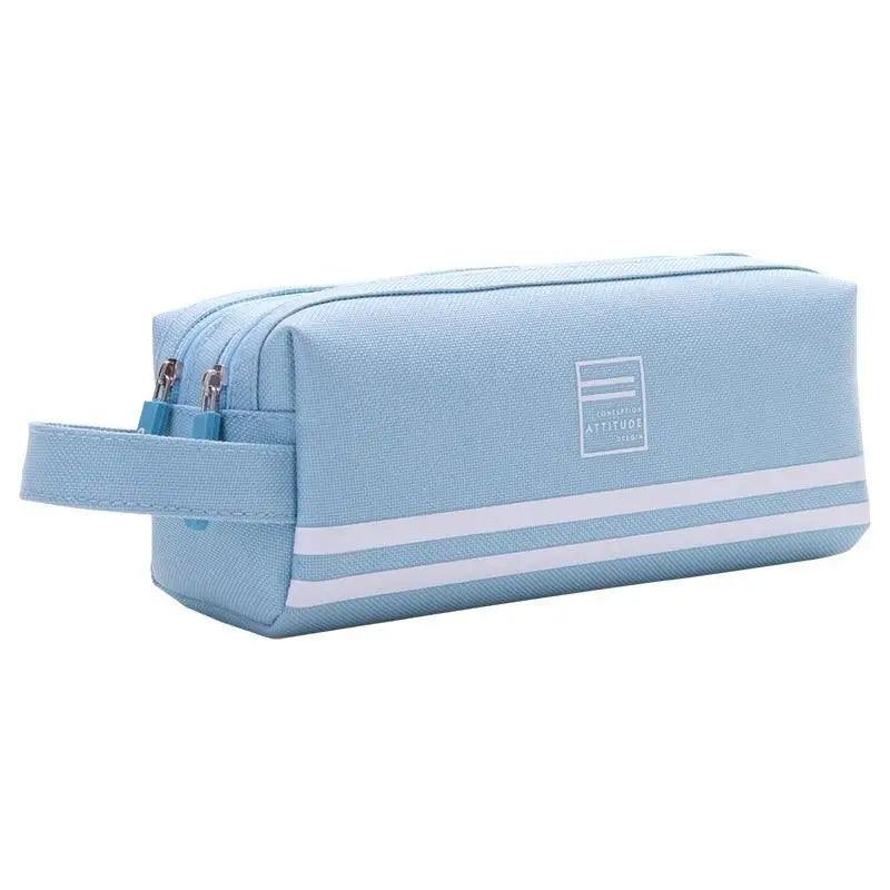 Light blue double-layer pencil case with white stripe, front zip pockets, and strap