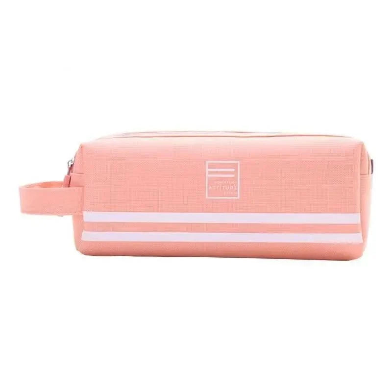Pink double-layer pencil case with white stripe and top zip closure