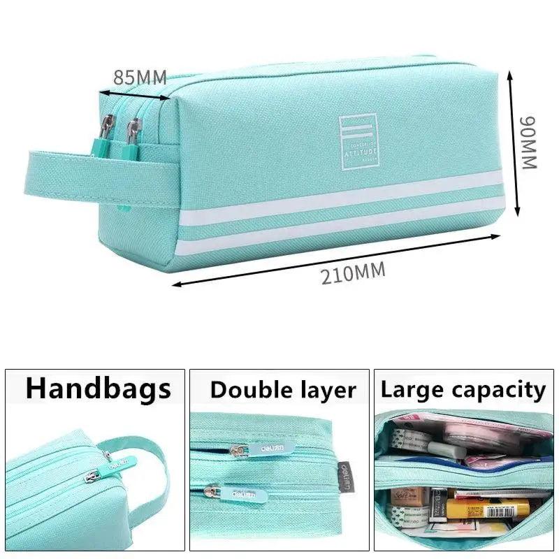 Teal pencil case with wrist strap, white stripe band, and top zipper