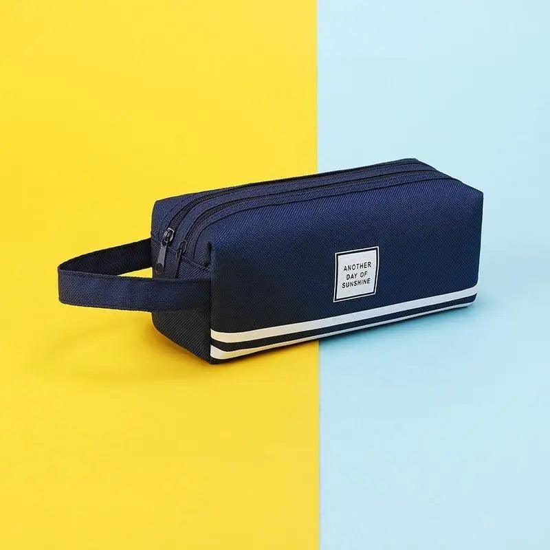 Double-layer pencil case in navy with white stripe and zipper closure
