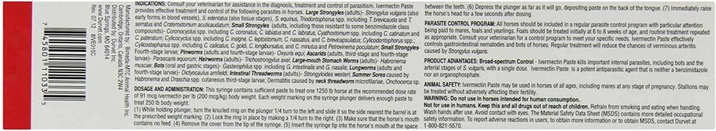 Ivermectin paste dewormer box back label with barcode and ingredient text