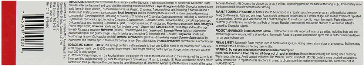 Ivermectin paste dewormer box back label with barcode and ingredient text