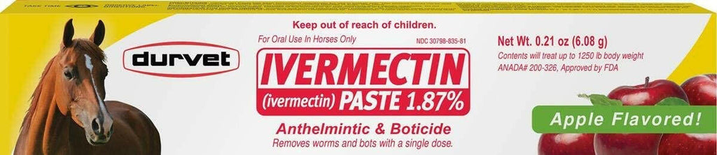 Ivermectin paste dewormer syringe-style box, 1.87% apple-flavored label